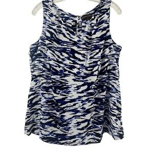 Dana Buchman Blue White Abstract Tiger Print Sleeveless Keyhole Blouse L Career